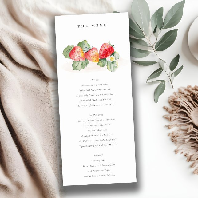 Cute Red Strawberry Leafy Foliage Wedding Menu  Invitation (Creator Uploaded)