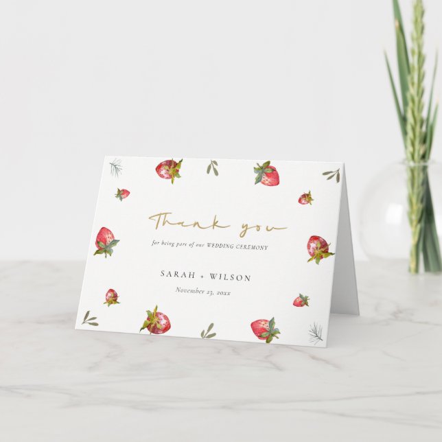 Cute Red Strawberry Leafy Green Botanical Wedding Thank You Card (Front)