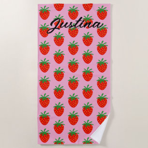 Cute red strawberry pattern personalised beach towel