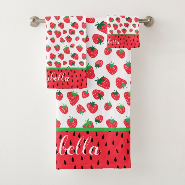 Cute Red Strawberry Pattern Personised Bath Towel Set (Insitu)