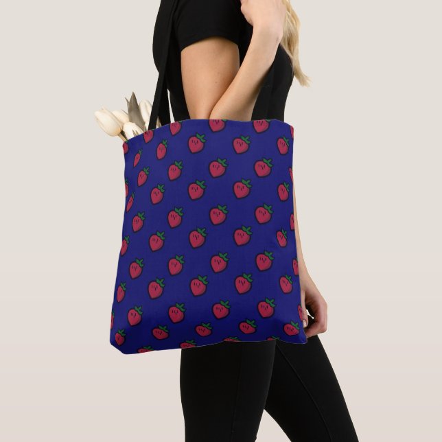 Cute Red Strawberry Polka Dot on Dark Blue Tote Bag (Close Up)