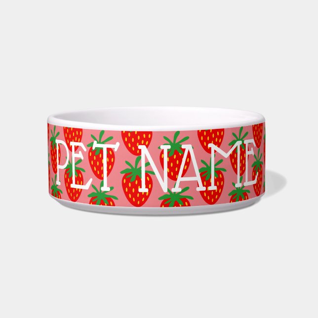 Cute red strawberry print custom pet bowl for dog (Front)