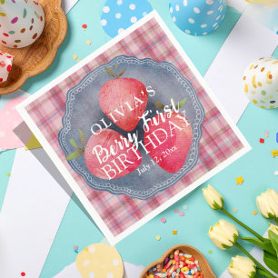 Cute Red Strawberry Watercolor Birthday Napkin
