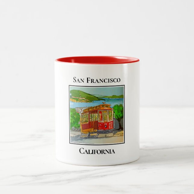 Cute Red Streetcar on the Hills of San Francisco Two-Tone Coffee Mug (Center)