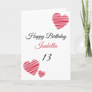 Cute Red Striped Watercolor Hearts 13th Birthday Card