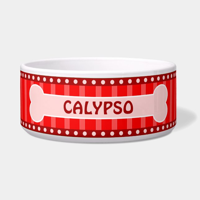 Cute Red Stripes Bone and Paws Large Dog Bowl (Front)