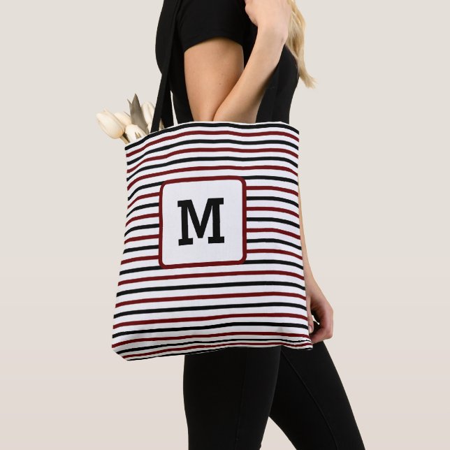 Cute Red Stripes Custom Single Initial Black Tote Bag (Close Up)