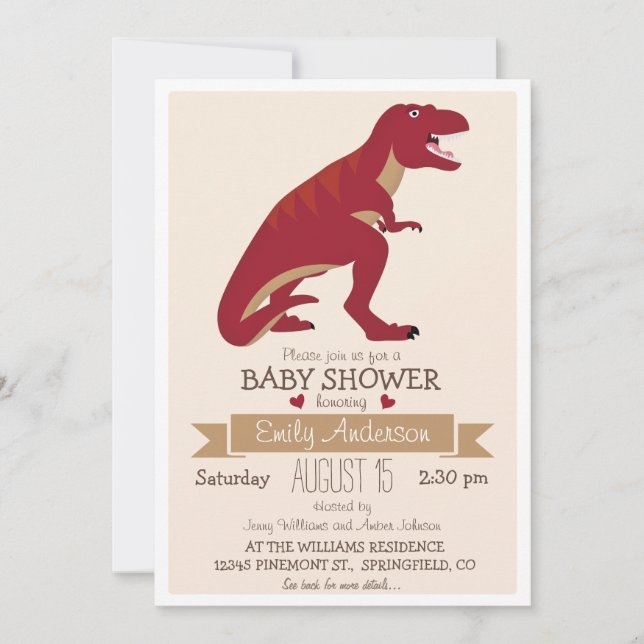 Cute Red T-Rex Dinosaur Baby Shower or Sprinkle Invitation (Front)