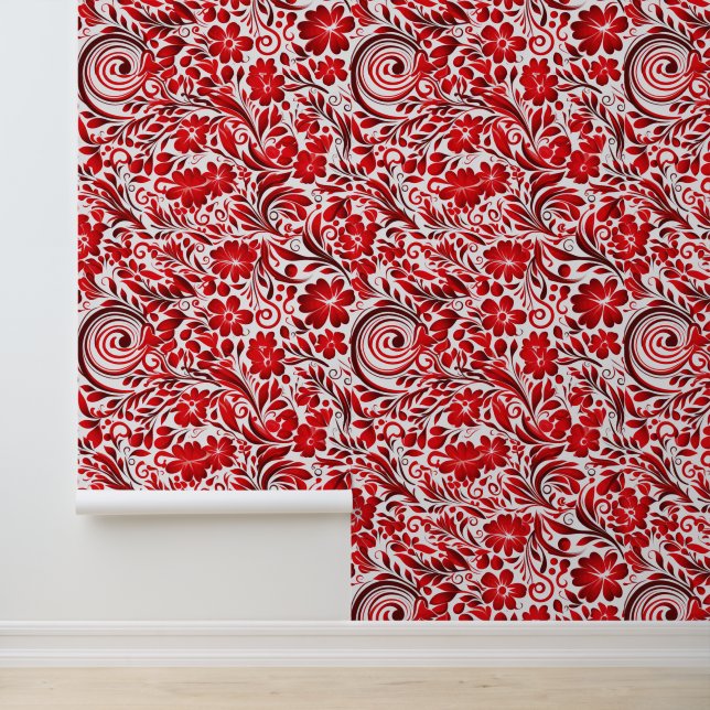Cute red tiled twirl floral pattern wallpaper (Application)
