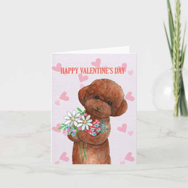 Cute Red Toy Poodle Puppy Doodle Valentines Day Card (Front)