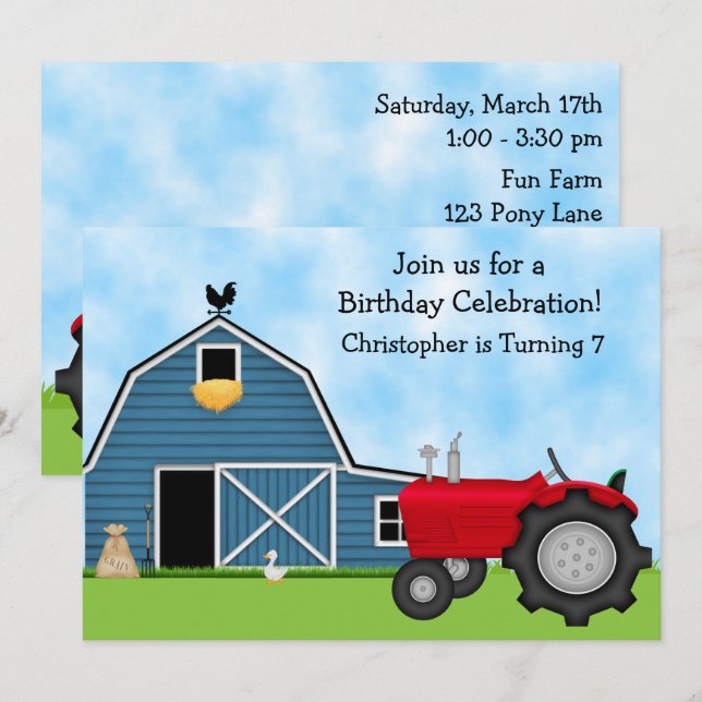 Cute Red Tractor and Blue Barn Farm Birthday Party Invitation (Front/Back)