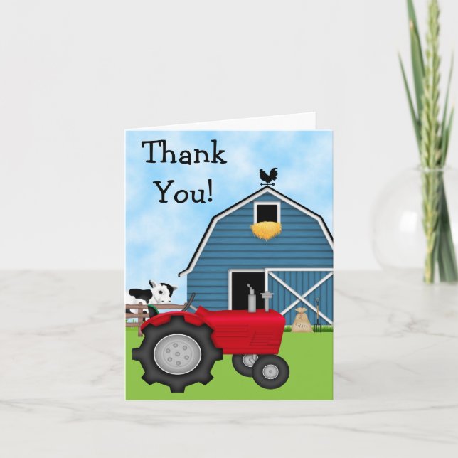 Cute Red Tractor and Blue Barn Thank You (Front)