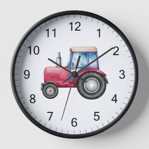 Cute Red Tractor Farm Watercolor Kids  Clock