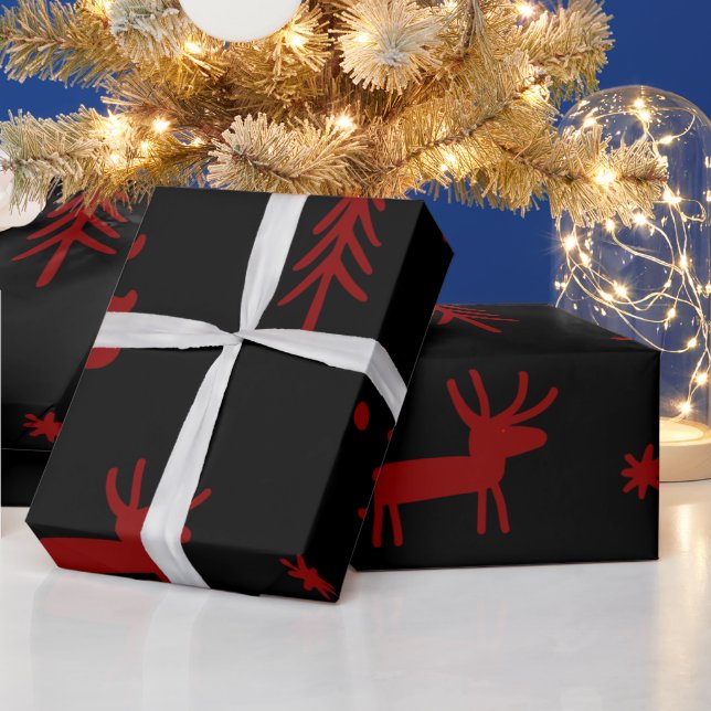 Cute Red Tree Forest with Deer Black Christmas  Wrapping Paper (Holidays)