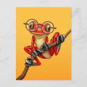 Cute Red Tree Frog with Eye Glasses on Yellow Postcard