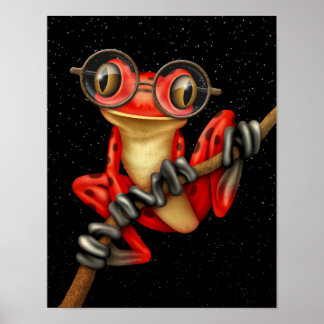Cute Red Tree Frog with Eye Glasses with Stars Poster