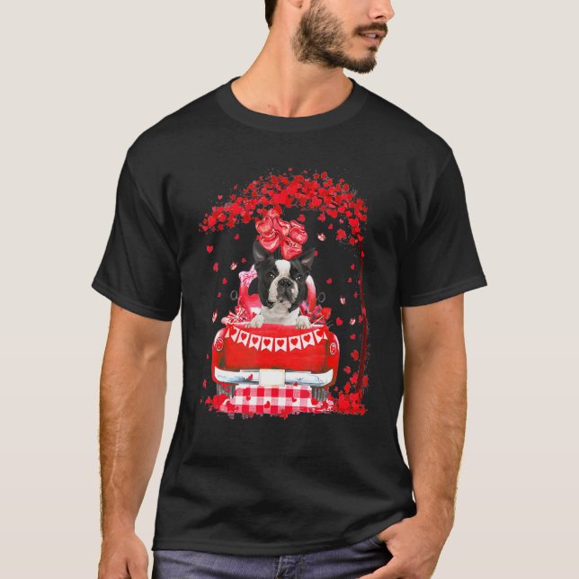 Cute Red Truck Boston Terrier Valentines Day Costu T-Shirt (Front)
