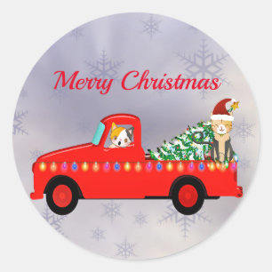 Cute Red Truck Cats Christmas Classic Round Sticker