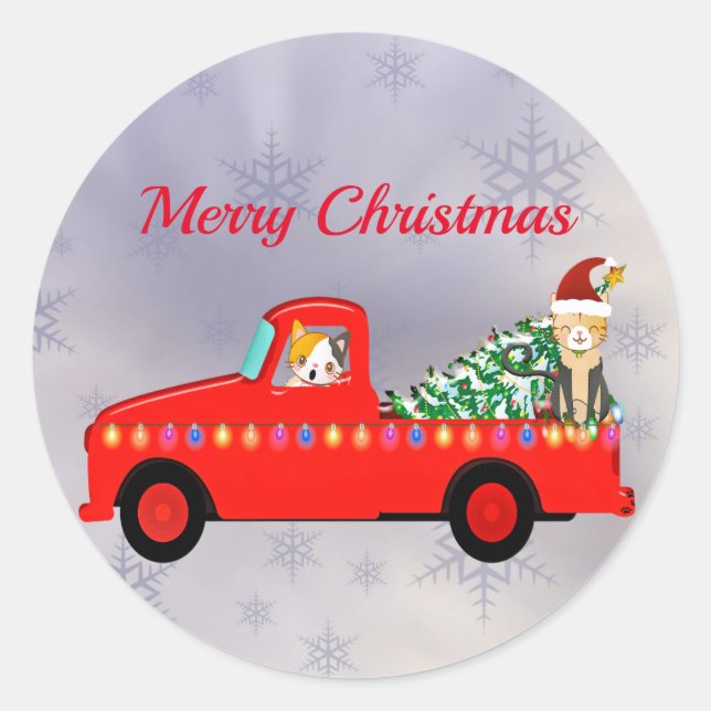 Cute Red Truck Cats Christmas Classic Round Sticker (Front)