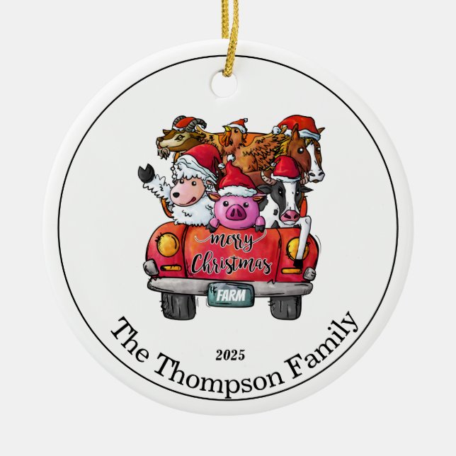 Cute Red Truck Christmas Name  Farm Animals Ceramic Tree Decoration (Front)