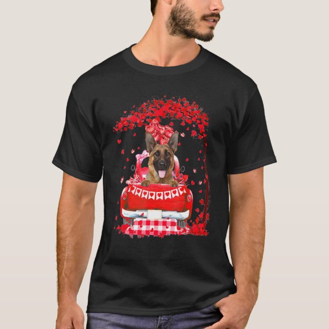 Cute Red Truck German Shepherd Valentines Day Cost T-Shirt (Front)