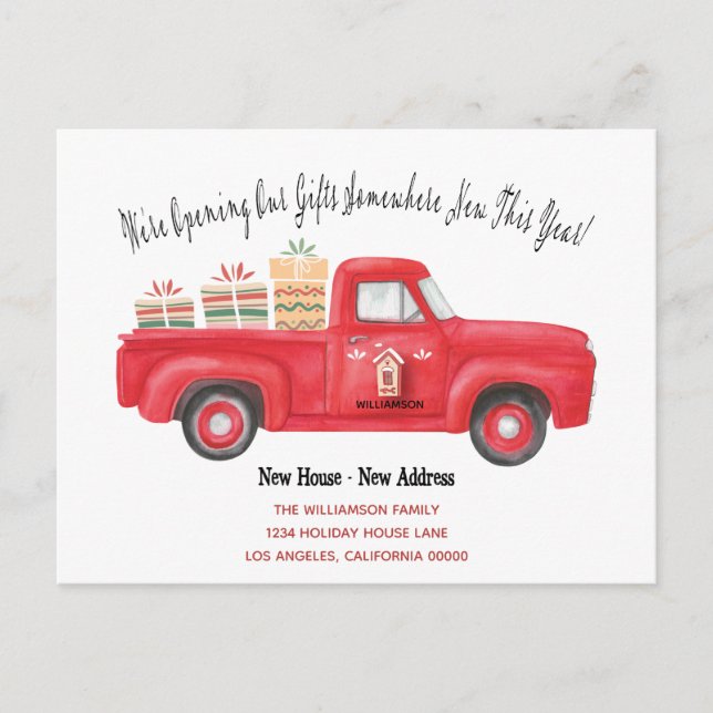Cute Red Truck We've Moved Holiday New Address Announcement Postcard (Front)