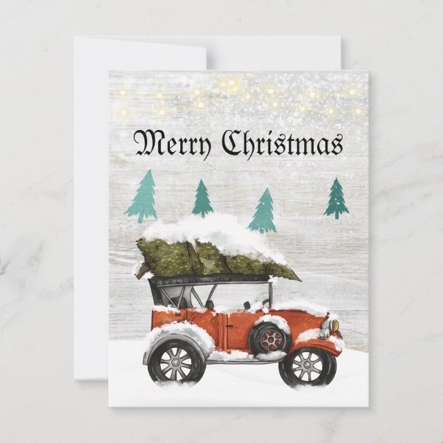 Cute red truck white weathered wood tree Christmas Card (Front)