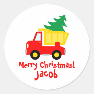 Cute red truck with Christmas tree small kid's Classic Round Sticker