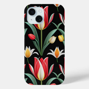Cute Red Tulip Flower Pattern on Black Background iPhone 15 Case