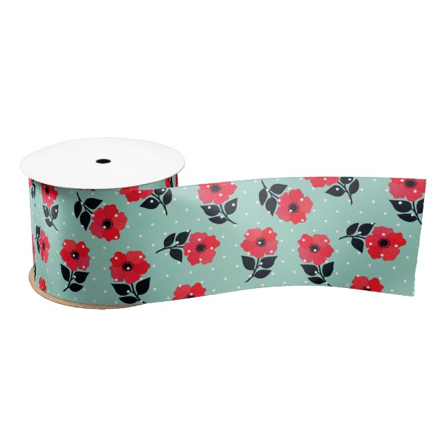 Cute  Red/Turquoise Floral Decorative Pattern Satin Ribbon (Spool)