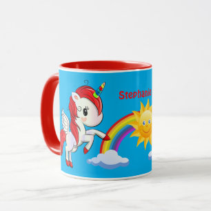 Cute Red Unicorn Rainbow & Sun Personalised Mug