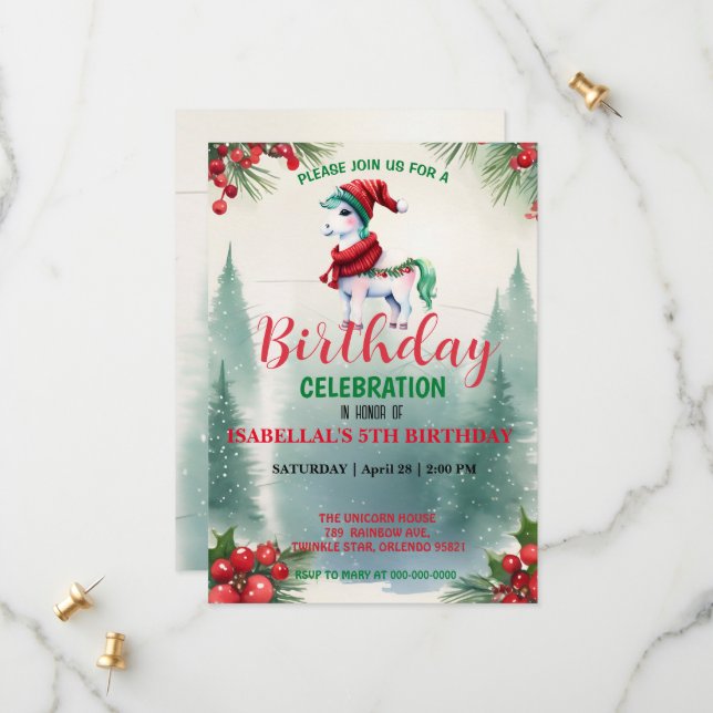 Cute Red unicorn Santa Christmas birthday party Save The Date (Front/Back In Situ)