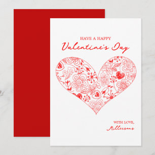 Cute Red Valentine's Day Floral Heart Family Name  Holiday Card