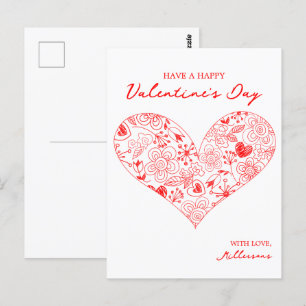 Cute Red Valentine's Day Floral Heart Family Name  Postcard