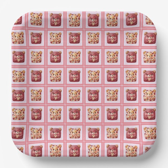 Cute Red Velvet Patchwork Cookie Teddy Bear Paper Plate (Front)