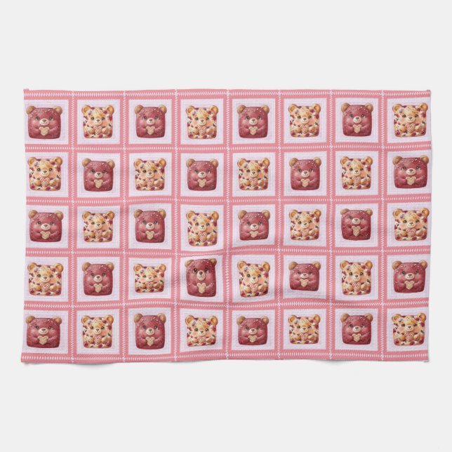 Cute Red Velvet Patchwork Cookie Teddy Bear Tea Towel (Horizontal)