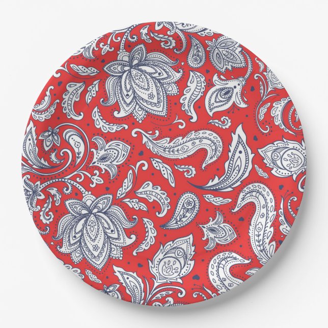 Cute red vintage flowers patterns paper plate (Front)