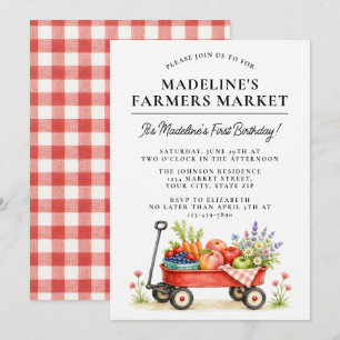 Cute Red Watercolor Farmers Market First Birthday Invitation