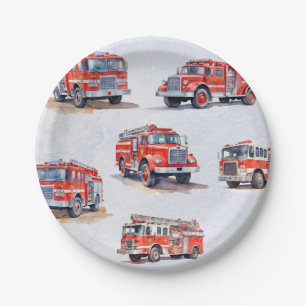 Cute Red Watercolor  Firetruck Engine              Paper Plate