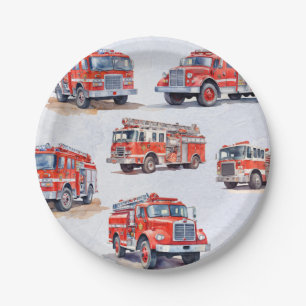 Cute Red Watercolor  Firetruck Engine              Paper Plate