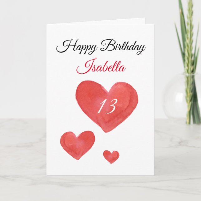 Cute Red Watercolor Heart 13th Birthday Card (Front)