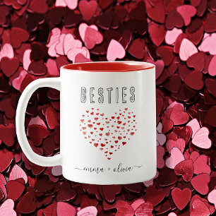 Cute Red Watercolor Hearts Besties Names Two-Tone Coffee Mug