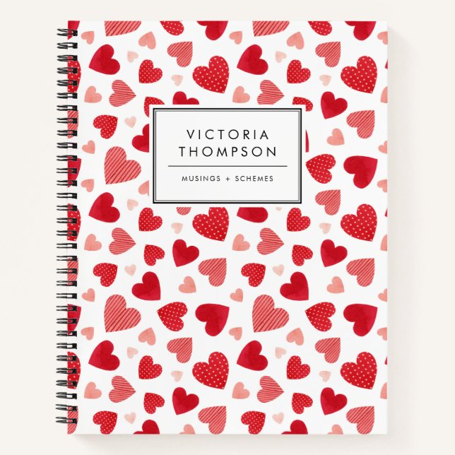 Cute Red Watercolor Patchwork Hearts Pattern Notebook (Front)