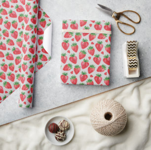 Cute Red Watercolor Strawberries Wrapping Paper