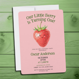 Cute Red Watercolor Strawberry First Birthday Invitation