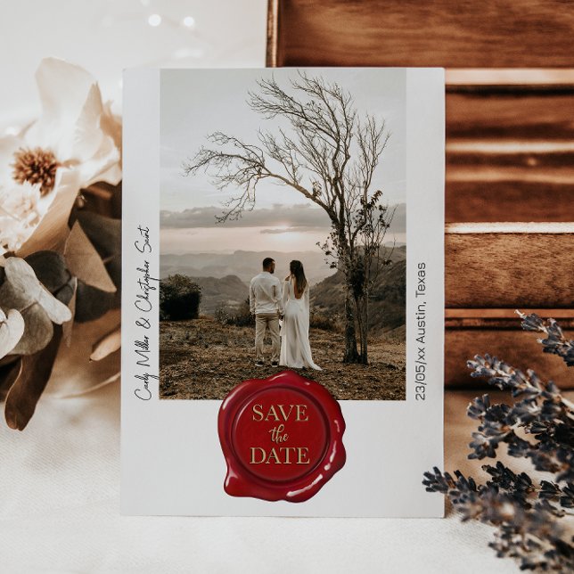 Cute Red Wax Seal Photo Minimalist Save The Date (Creator Uploaded)