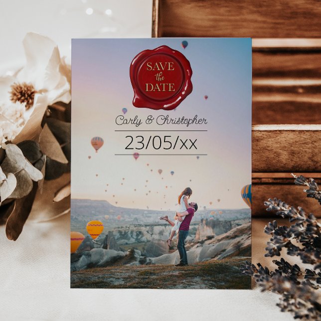 Cute Red Wax Seal Photo Minimalist Save The Date (Creator Uploaded)