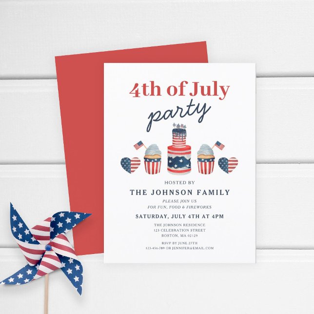 Cute Red White And Blue 4th Of July Party Invitation Postcard (Patriotic Red White & Blue Cake 4th Of July Party Invitation Postcard)