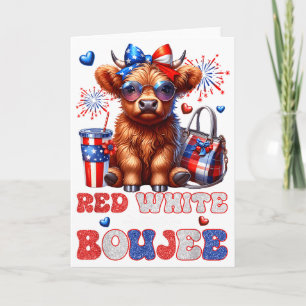 Cute Red White And Boujee Highland Cow 4th Of July Card