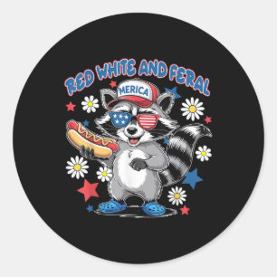 Cute Red White And Feral Racoon Hot Dog 4th Of Ju Classic Round Sticker